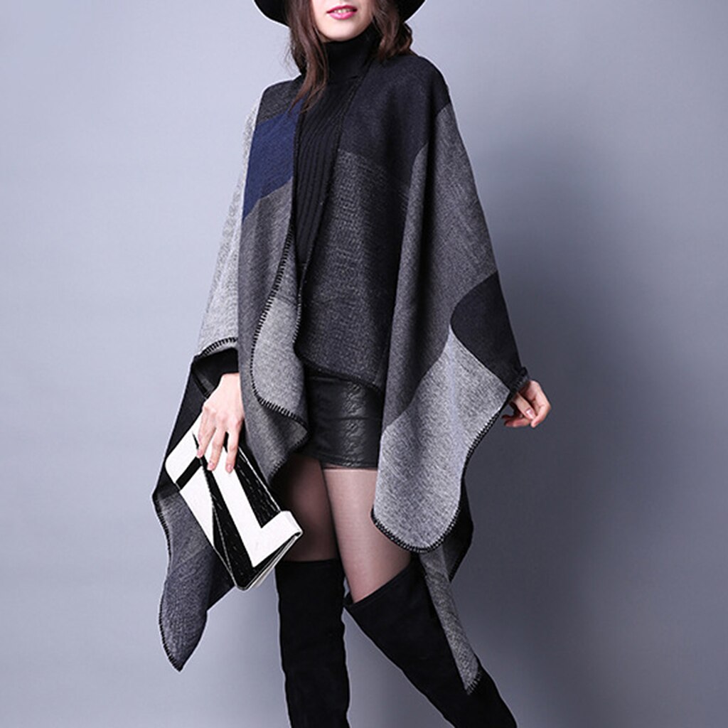 Feminino xadrez cor bloco xale envoltório frente aberta poncho cape cardigan presente de natal malha camisola casaco para o inverno natal feriado: Black