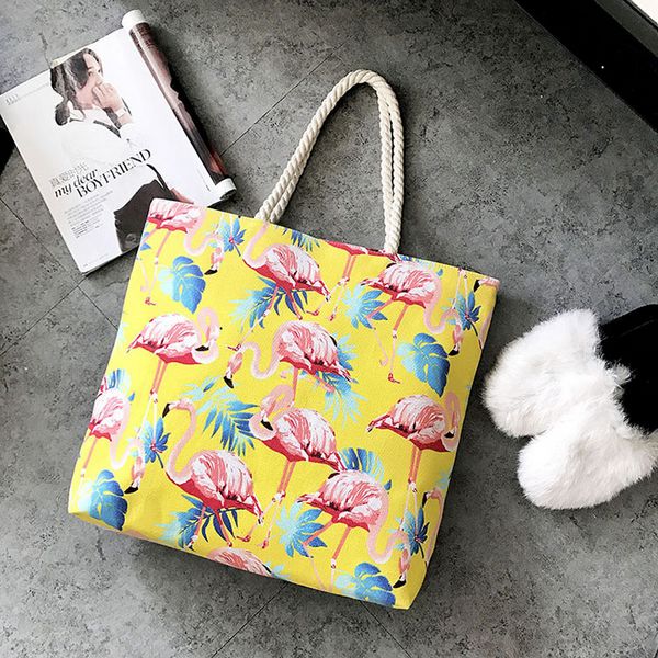 Flamingo Frauen Leinwand Tasche Große Strand Schulter Taschen Casual Weibliche Tote Hand Tasche Großen Einkaufstasche Weibliche Schulter Taschen CJ875: Gelb