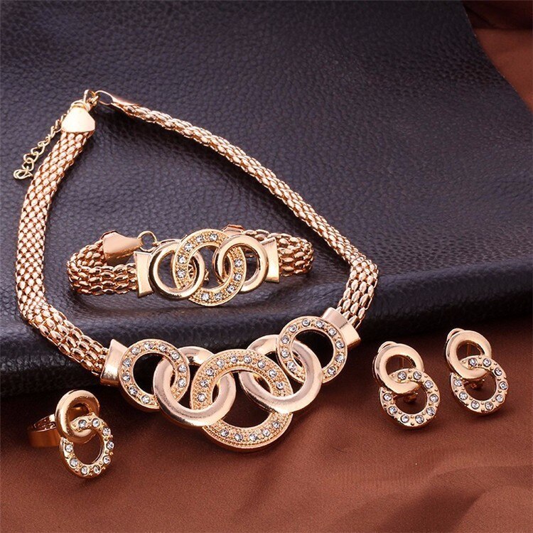 Vintage Gold Jewelry Sets Necklace Earrings Bracelet Ring For Women Crystal African Silver Color Wedding Bridal Accessories