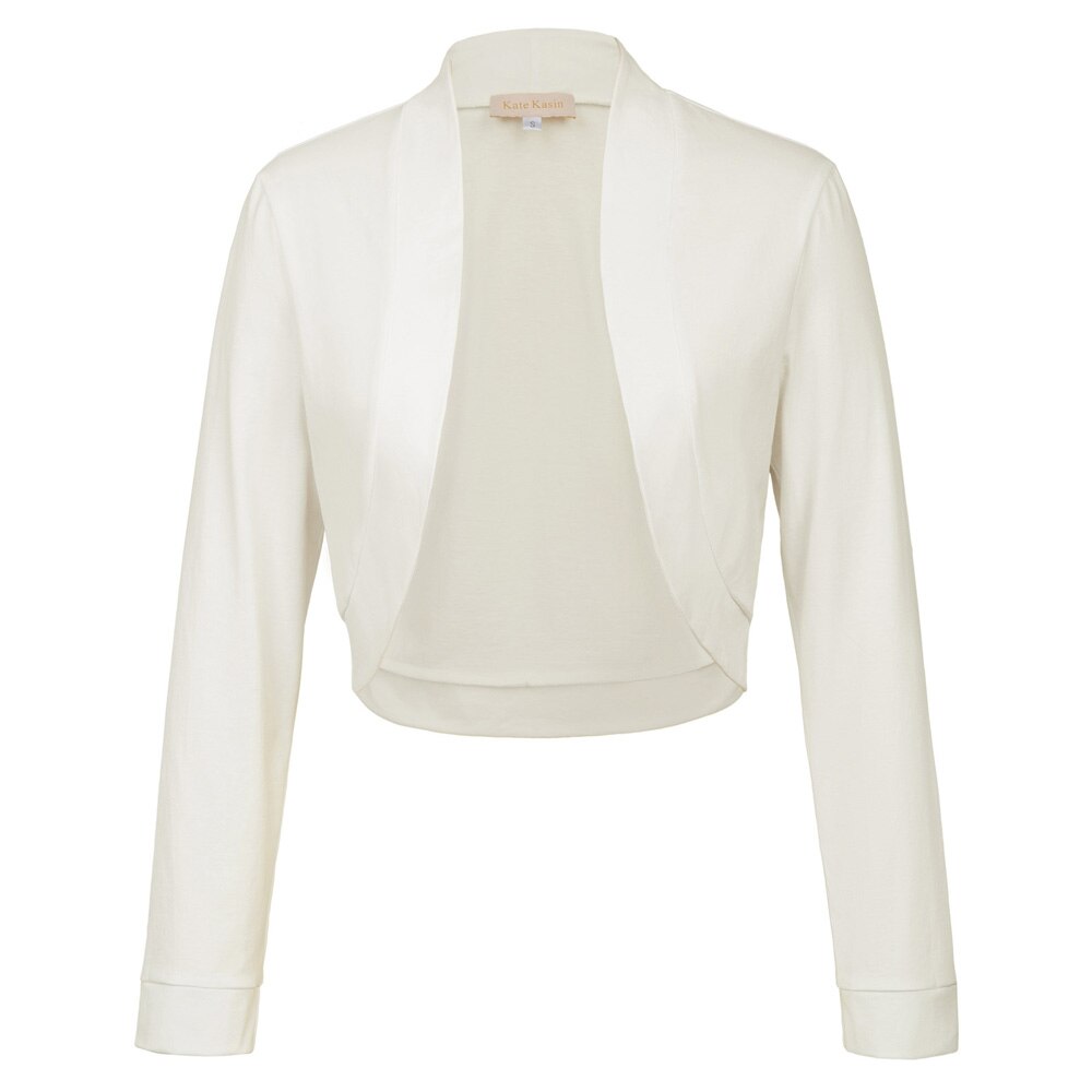 Kate Kasin mujeres Bolero de manga larga señoras Slim abrigos abertura en la parte delantera Stitch Bolero recortado Chaqueta de algodón de Tops prendas de vestir exteriores: Ivory / M