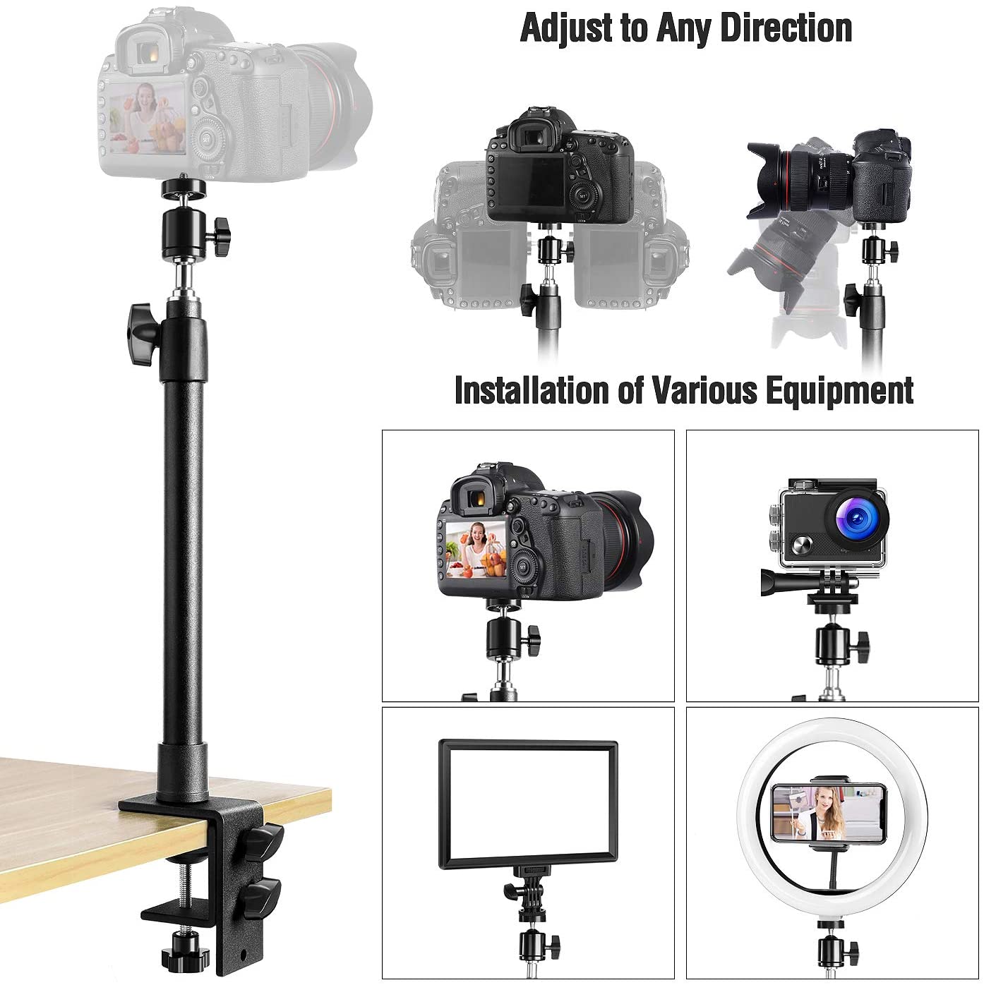 Universal Table Desk Clamp Mount with 1/4' Screw Tip with 360 degree Rotatable Ball Head for DSLR Camera/Ring Light/Video Light