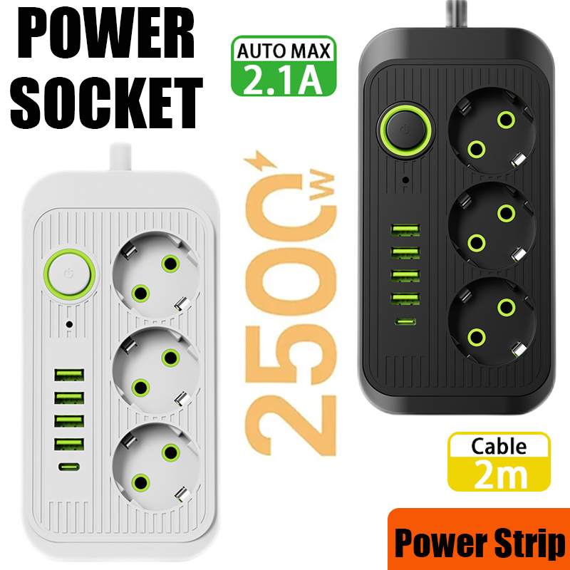 EU-Stecker, 3 AC-Steckdosen, Verlängerungskabel, Steckdose, elektrische Steckdosenleiste mit 4 USB, 1 Typ C, Netzwerkfilter, Schnellladeadapter