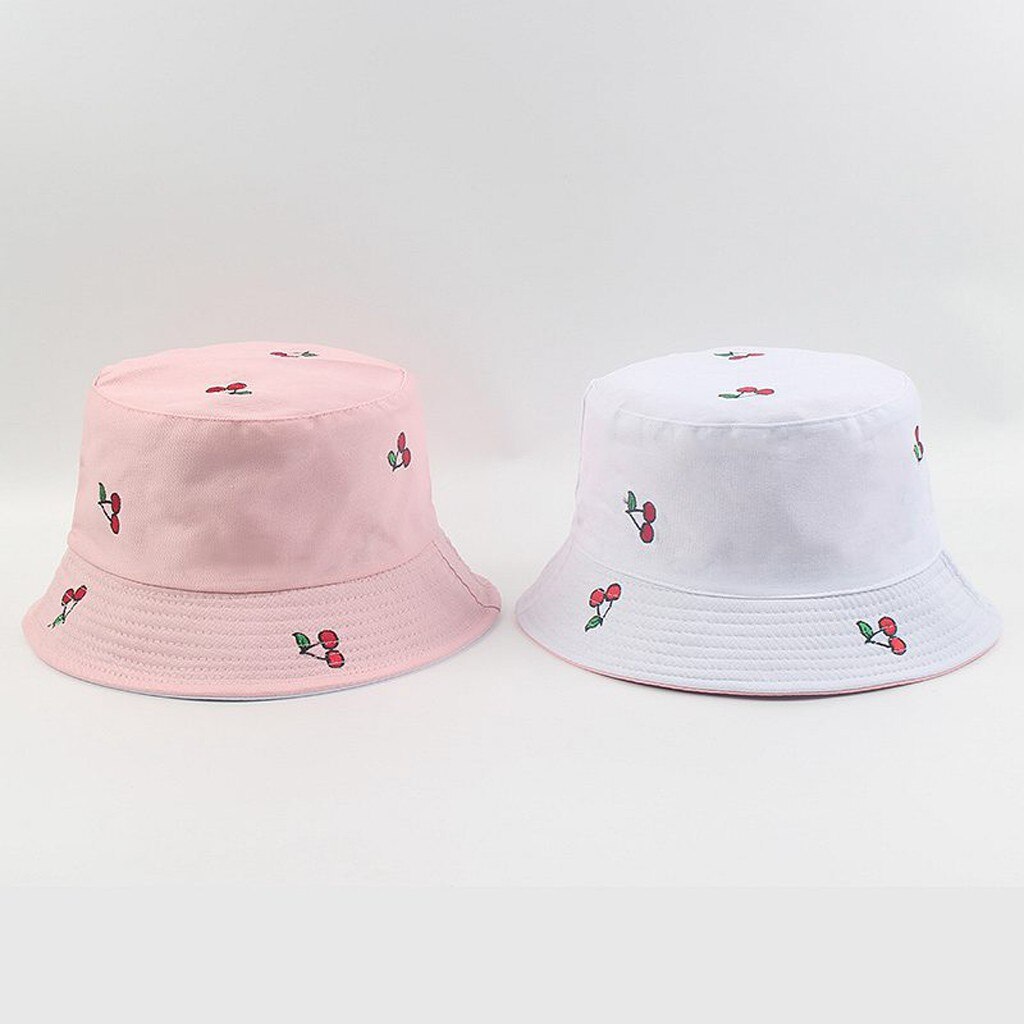 Fruta lindo gorras impresión doble lado plegable pescador gorra de sol Unisex al aire libre del cubo sombreros para las mujeres Bonnet: Pink