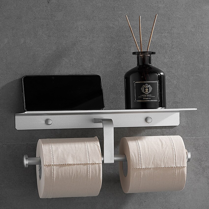 Matte Black Double Toilet Roll Paper Holder Bathroom Accessories WC Towel Holder Rack Shelf Aluminum Material: Black 6