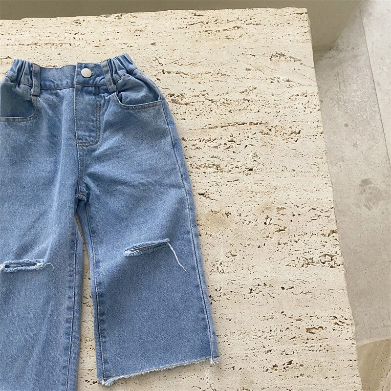 2022 Lente Herfst Meisjes Jongens Koele Gat Jeans Broek Baby Kids Kinderen Denim Broek: 130cm