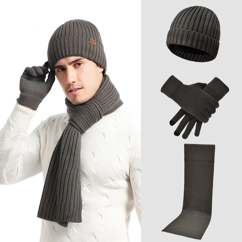 Vinter hat tørklæde handsker til kvinder mænd tyk bomuld dame hat og tørklæde sæt hat og tørklæde til kvinder 3 stykker sæt: Grå