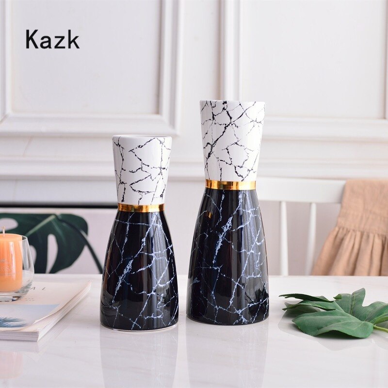 nordisch Moderne Weiß Schwarz Marmor aufbringen Vase Gold Rand Handwerk Keramik Vermittlung Blume Vase Wohnzimmer Dekoration Zubehör