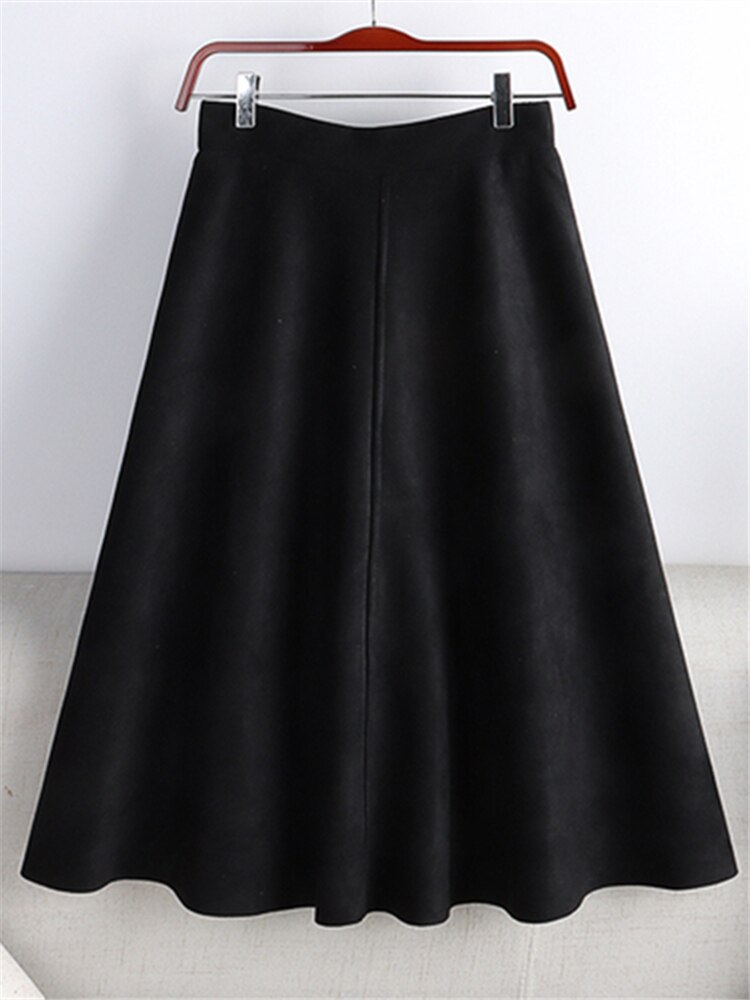 REALEFT 2023 Otoño Invierno mujeres gamuza Midi faldas de cintura alta multicolor A-Line faldas paraguas señoras falda femenina: Negro