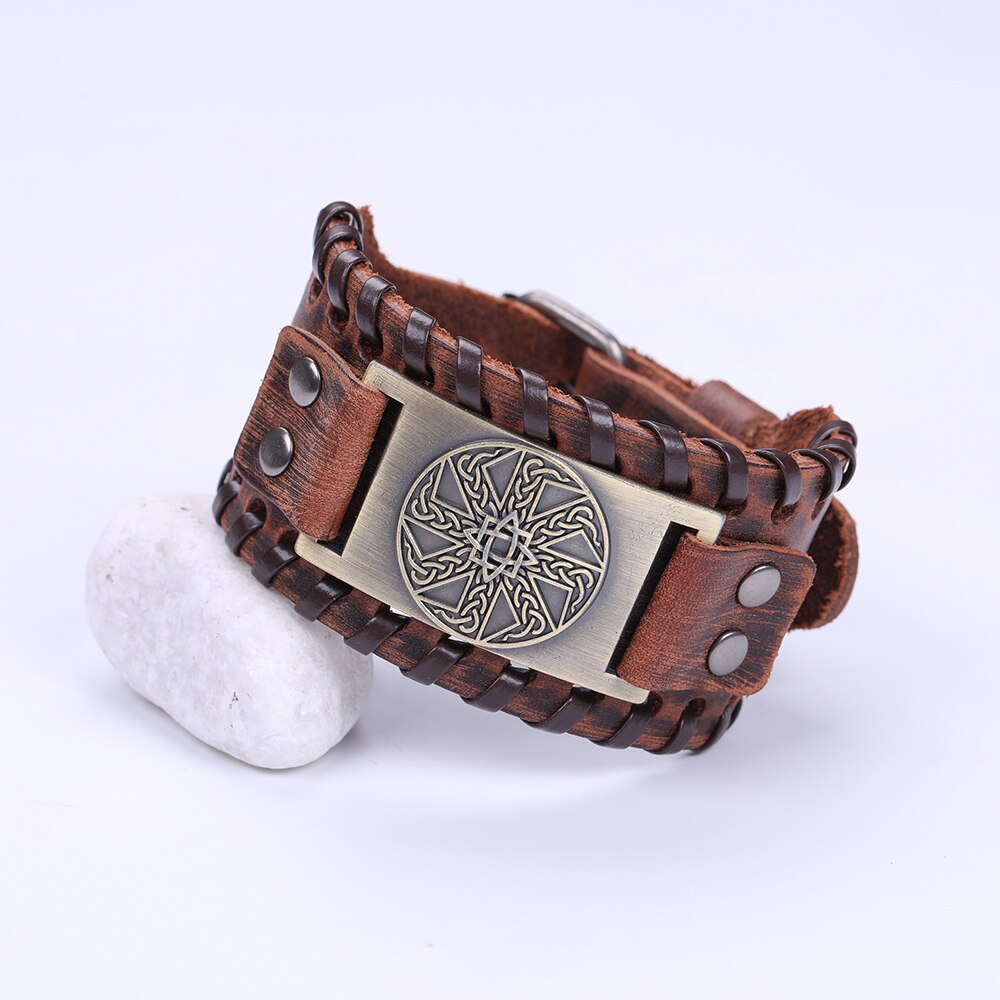 LIKGREAT Slavic Kolovrat Wicca Amulet Cuff Wristband Jewelry Sun Wheel Celtics Knot Pagan Talisman Adjustable Leather Bracelet