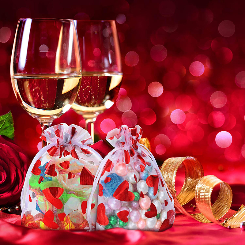 50pcs Love Heart Bags Valentines Day Candy Bag Goodies Packaging Organza Wedding Birthday Party Favors Decoration