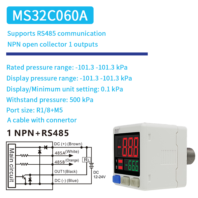 MS32 Digital Pressure Switch RS485 High Precision Pressure Gauge PLC Control RS485 Modbus Communication Pressure Transmitter: black