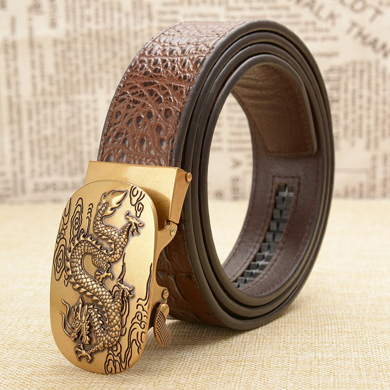 Lederen Riem Business Broek Riem Broek Ceinture Homme Koeienhuid Automatische Gesp Koeienhuid Mannen Riemen Met Fly Dragon: gold buckle brown / 130cm