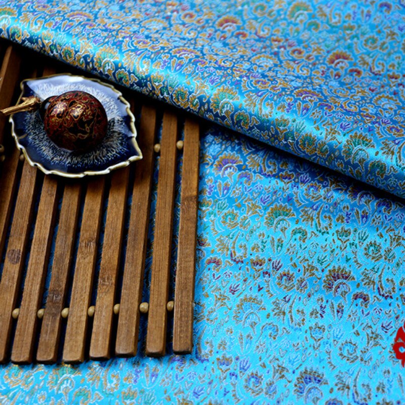 Width 75cm Silk Jacquard weave Metallic Brocade Fabric Chinese Hanfu Dress Bjd Kimono Material Celosia Cloth By the Half-yard: Sea blue