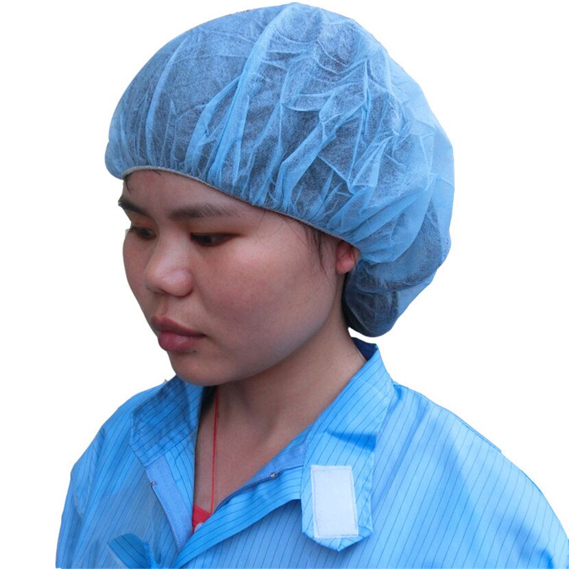 Tykke ikke-vævede engangshætter, åndbar, anti-støv rund hat med elastisk ledning holder håret rent til madlavning i kosmetik køkken: Blå 20g