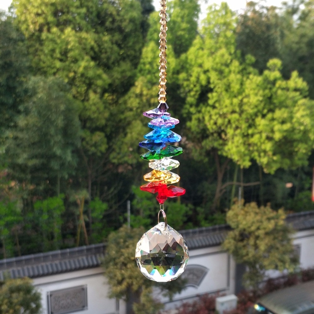 Handgemaakte Regenboog Glas Kristal Kralen Chakra &#39;S Guirlande Suncatcher Crystal Ball Hanger Diy Kroonluchter Center Deel Decoratie