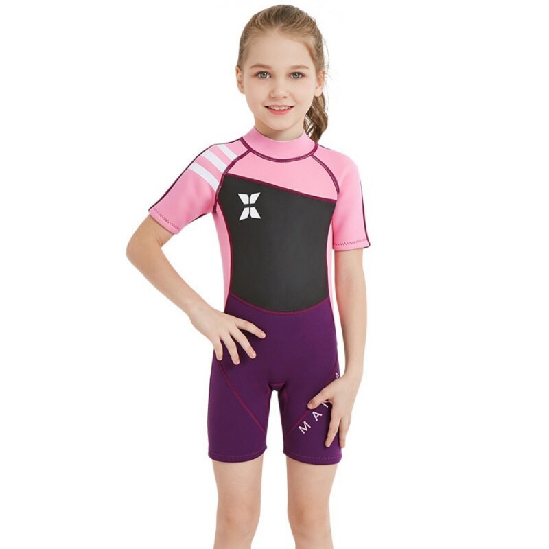 Børn 2.5mm dykkerdragt ét stykke børn baby pige kortærmet dykker shorty våddragt svømme surfer dragt s -2xl: Lyserød / M