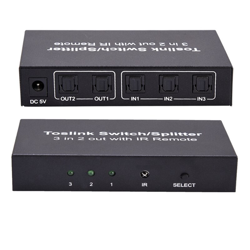 Conmutador óptico de 3 puertos con divisor de Audio Digital óptico Spdif Toslink de 2 vías, 3 en 2, con interruptor de Control remoto IR