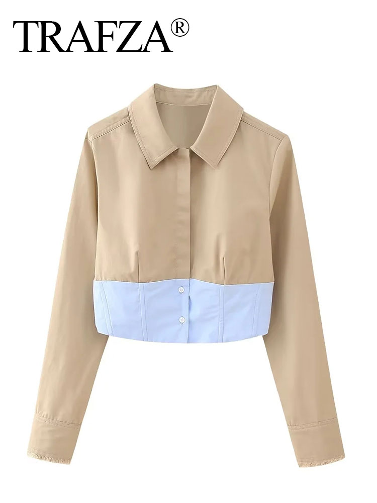 TRAFZA-Conjunto de falda caqui a la para mujer, blusa de retales, camisa recortada con botones de manga larga + faldas por debajo de la rodilla ajustadas con bolsillo frontal