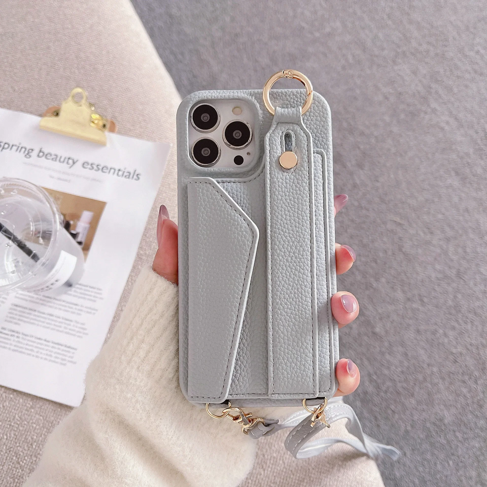 Voor iPhone 16 Polsband Ring Portemonnee met kaartsleufhouder Telefoonhoesje voor iPhone 15 Plus Pro Max Crossbody lederen hoes