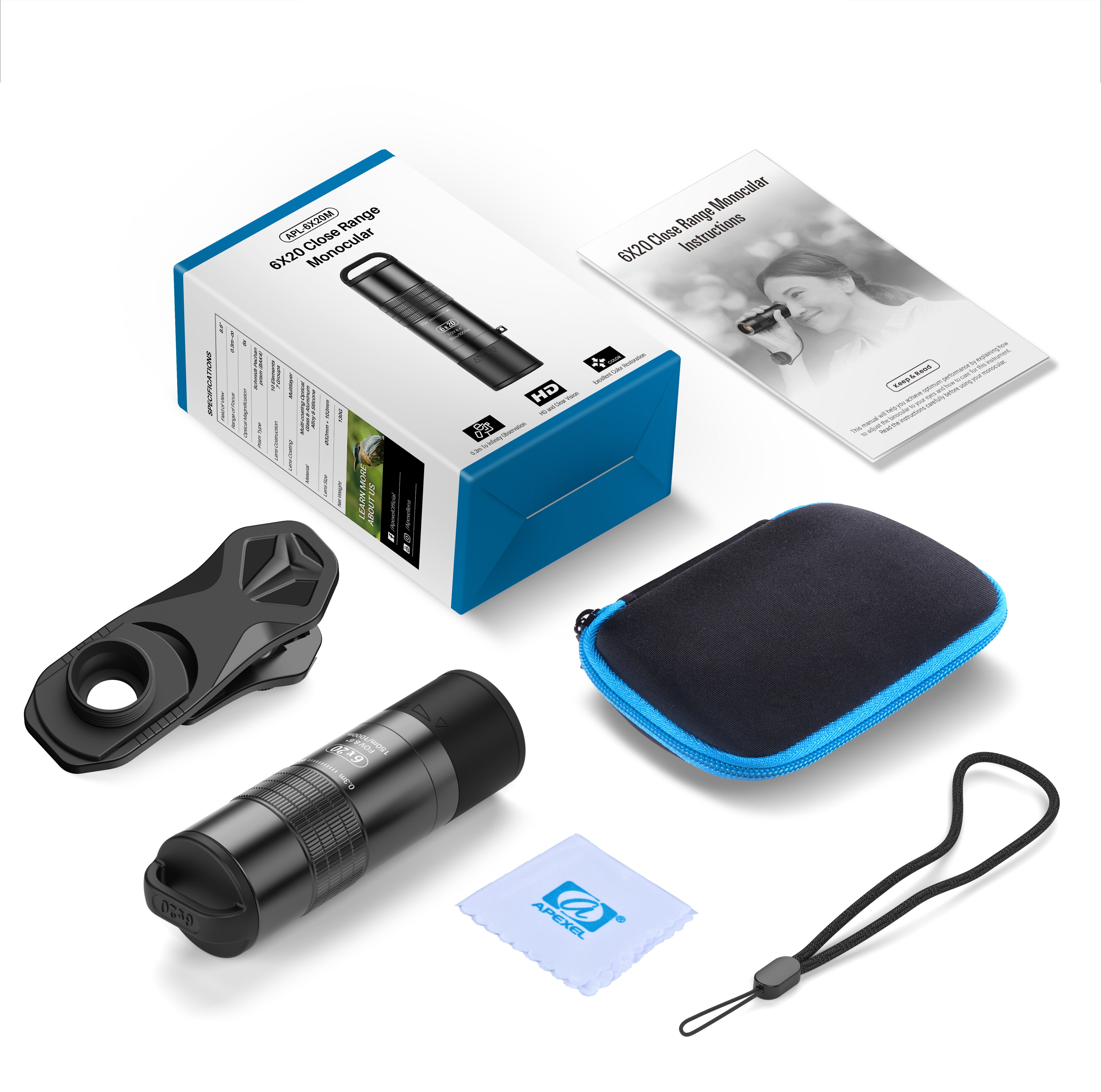 Apexel Monoculaire 6X20M Close Hand Focus Telescoop Glazen Lenzen BAK4 Prisma Met Lanyard Voor Birdwatching Reizen Vergroting: Default Title