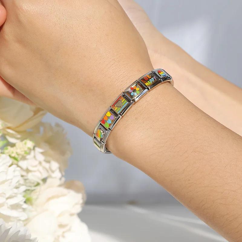 Hapiship la moda originale margherita dolce policromo cuore uovo fascino collegamento in forma 9mm Bracciale in acciaio inossidabile Gioielli fai da te DJ387