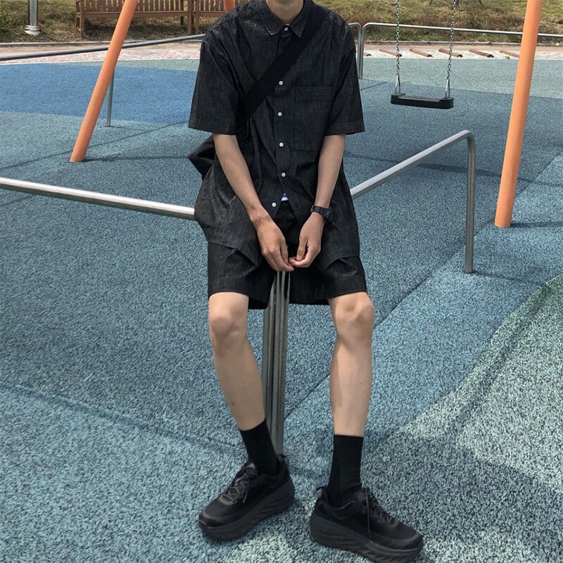 Mænd 2 stk sæt (skjorte+shorts) sort denim kortærmet afslappet skjorte shorts mandlige japan korea streetwear hip hop skjorte