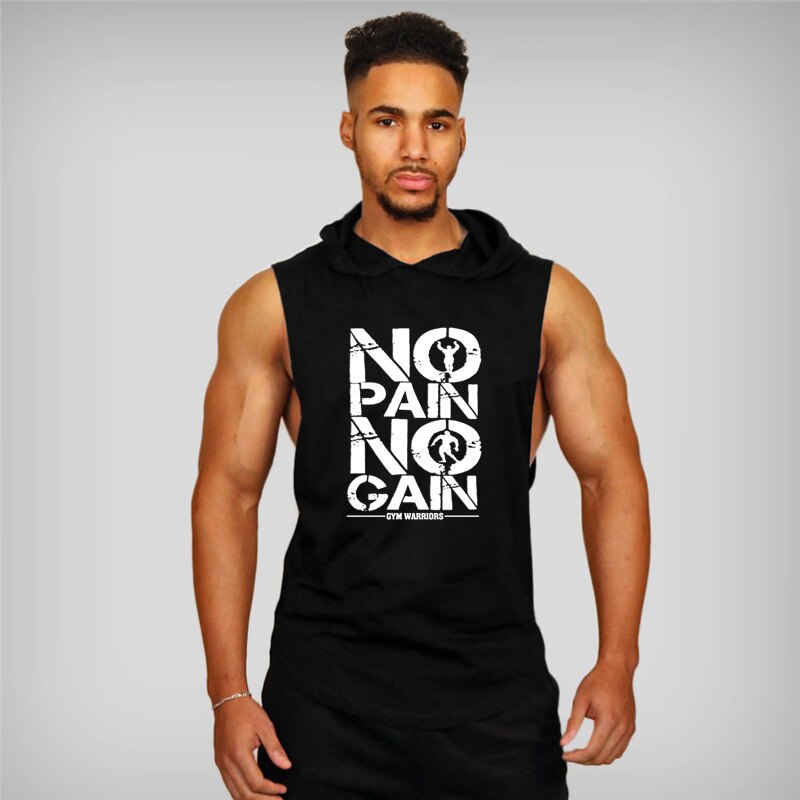 Summer Men's Gym Hooded Vest Fitness Sports Vest Large Size Men's Fitness Vest Sports Hooded Vest Loose Training Letter Top: Black / XXL