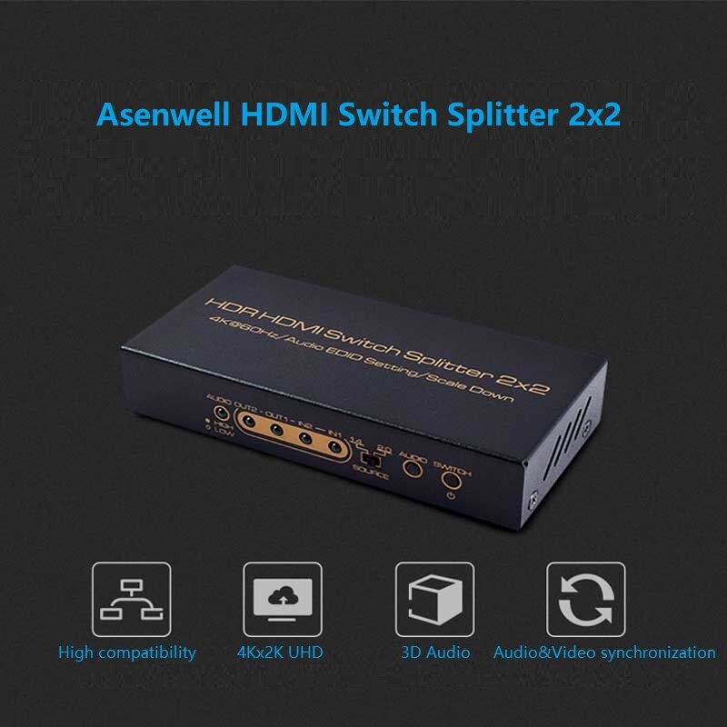 HDMI Switch 4K@60Hz 2 In 2 Out Switcher Matrix Hub HDR UHD HDCP2.2 Audio EDID Setting Scaler Down 1080P HDMI Splitter for TV BOX