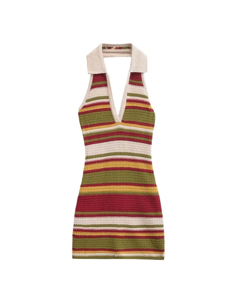 TRZA-Mini vestido de punto de ganchillo a rayas para mujer, sin espalda, cuello halter, vestidos femeninos, sexy