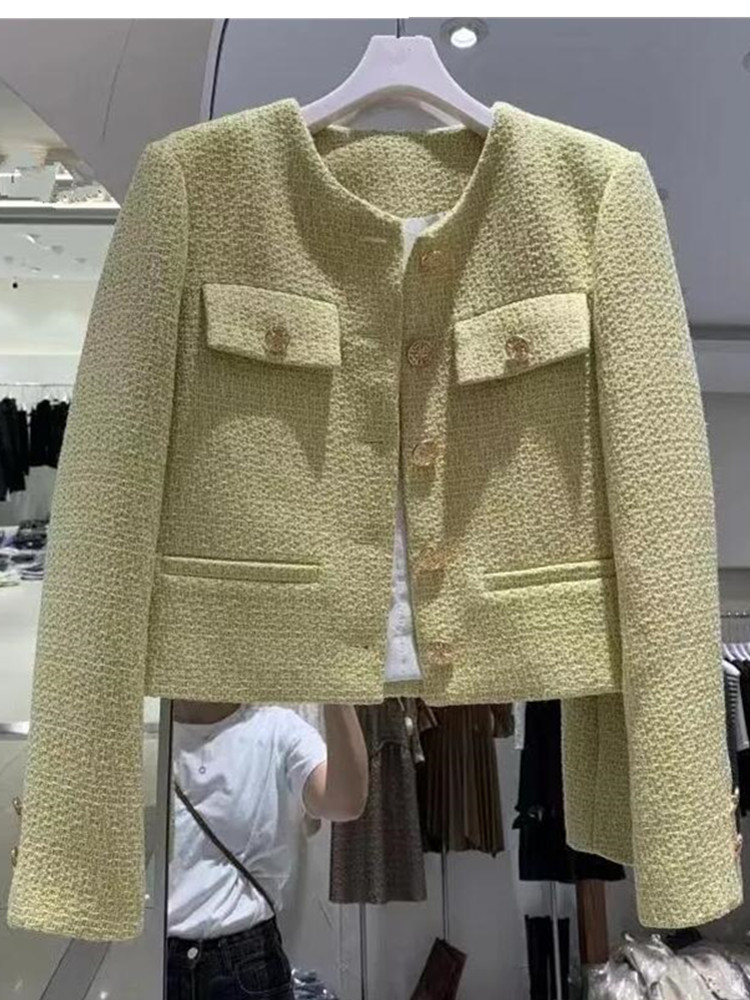 Smthma koreansk chic kvinnlig tweed basjacka kappa damkläder catwalk-stil ylle ytterkläder: Xl / Gul