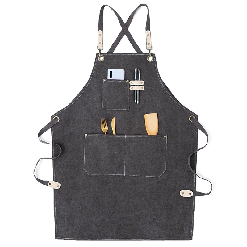 Solid Denim Pocket Bibs House Cleaning Working Coffee Pinafore Canvas Apron Kitchen Accessories Shop Cooking Baking Accessories: 2WQ-46447-002