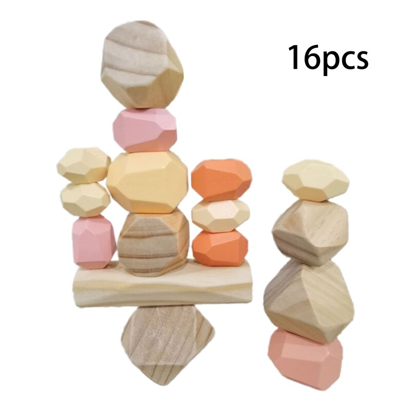 16 Pcs Children Wooden Colored Stone Stacking Game Building Block Kids Toys P31B: Default Title