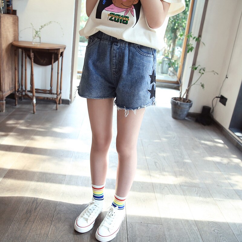 Novedad de verano, pantalones cortos de mezclilla para niñas, nuevos pantalones de estilo exterior para niños grandes, pantalones informales holgados: 9 años