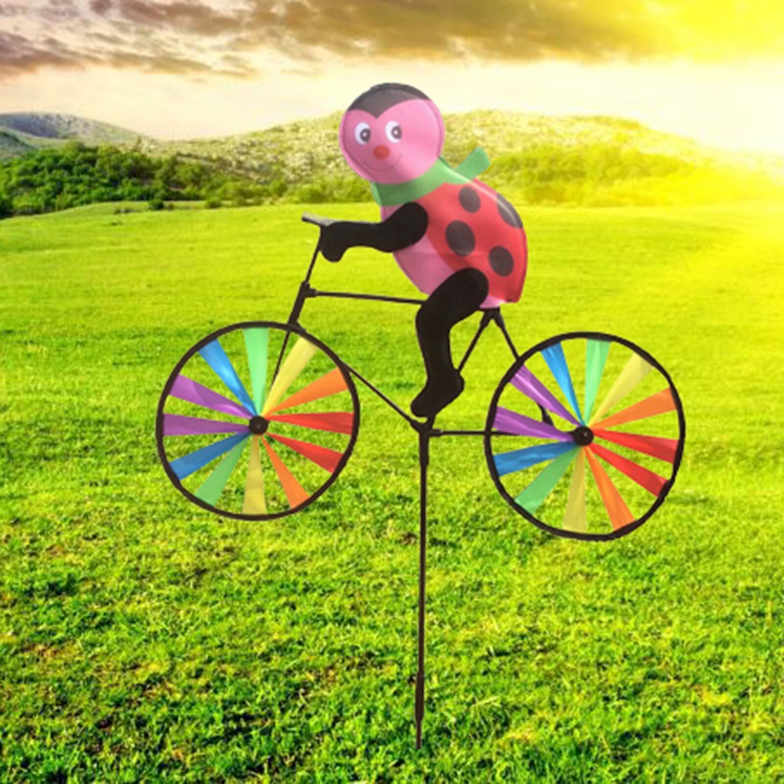 Cute Ladybird Bike Windmill Whirligig Garden Lawn Yard Decor Wind Spinner