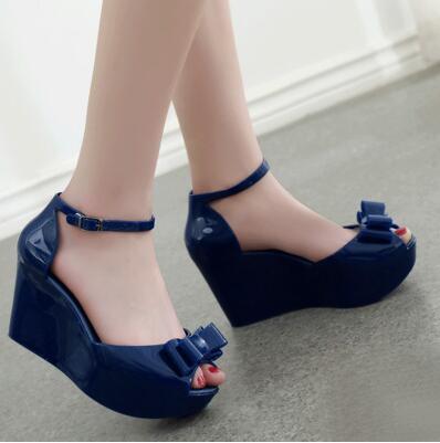 Women Summer Shoes Woman Jelly Sandals Peep toe Wedges High Heeled Sandals Bowtie Buckle Pink Black Blue Apricot: Blue / 37