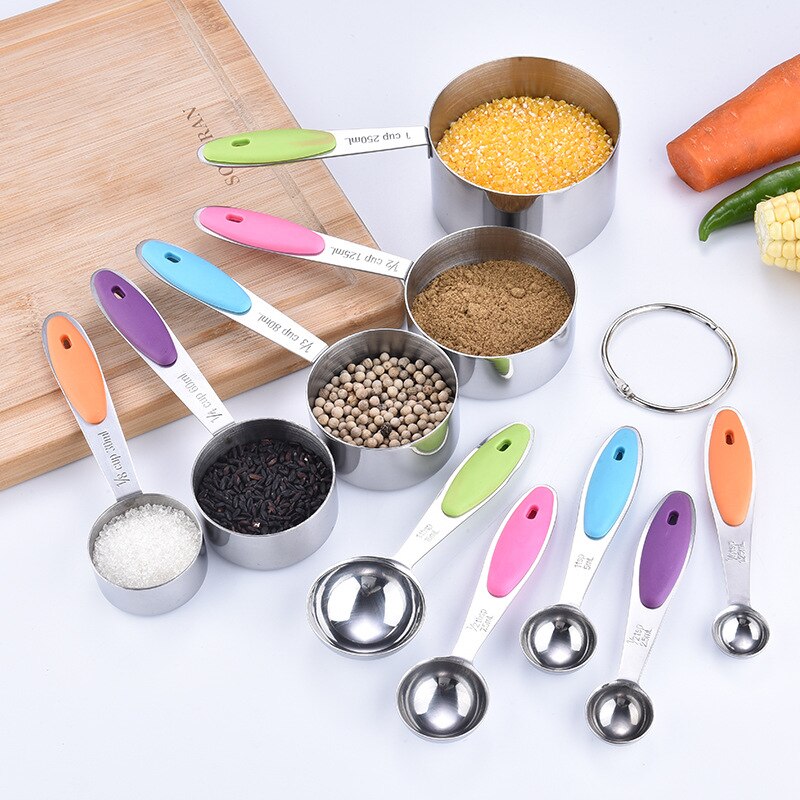 Stainless steel silicone handle measuring cup measuring spoon 10 sets cross border baking tool measuring cup measuring spoon
