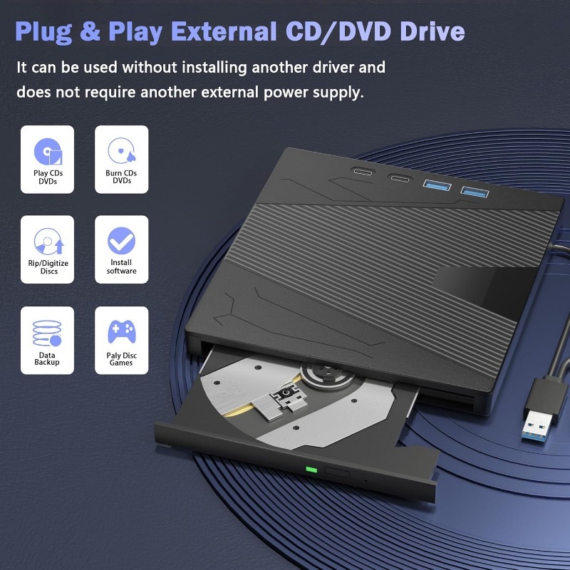 Externes USB3.0- und Typ-C-CD-DVD-Laufwerk mit 4 USB-Anschlüssen und TF/SD-Kartensteckplatz, CD/DVD-Brenner, Schreiber, Lesegerät, Player für Laptop, MacBook