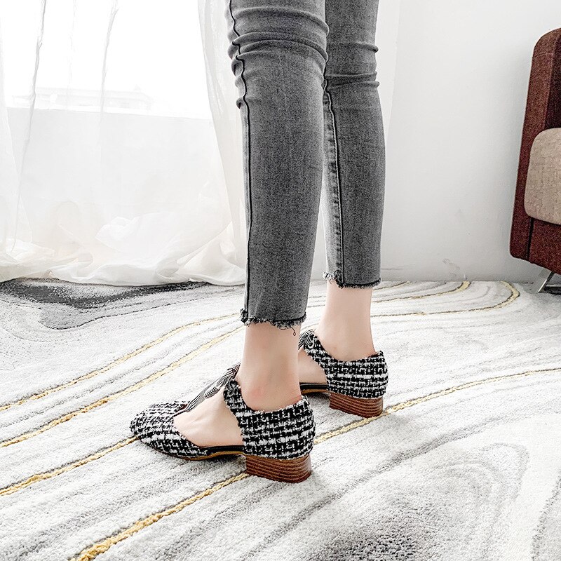 Sandalen met houten hakken, geruite strik, veterschoenen voor dames, feeënschoenen met vierkante neus, sandalen met hoge hakken, plus size 35-44 damessandalen