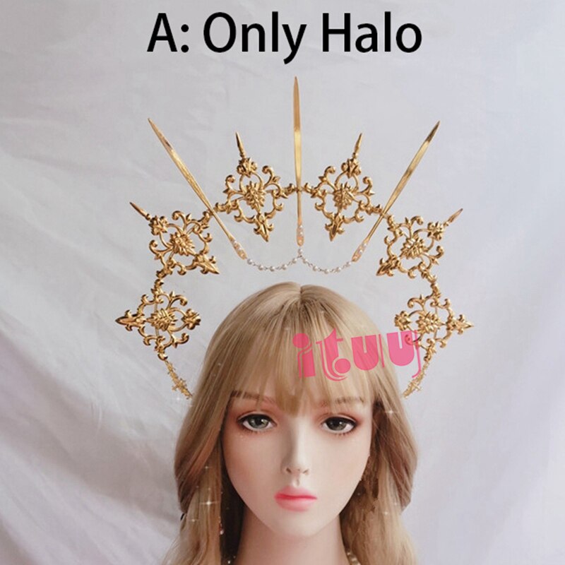 Lolita – bandeau KC Vintage, serre-tête de déesse, ange doré Halo, couronne de mariée vierge marie Halo, chaîne de perles, diadème Baroque: Only Halo A