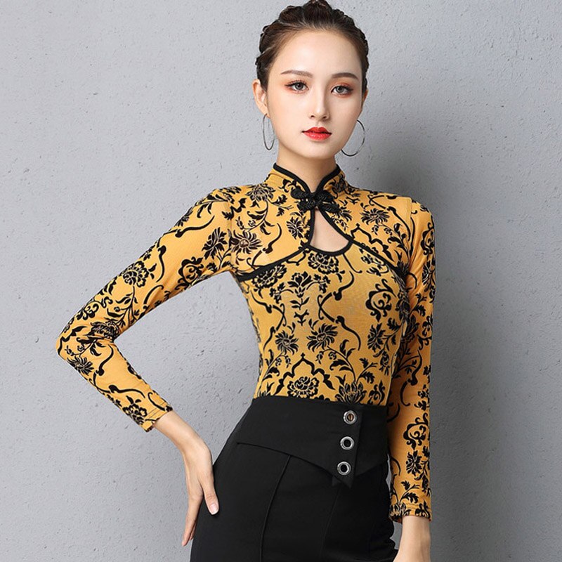 Tops de baile Latino de malla para mujer, ropa de baile de Salsa, ropa de baile de salón, traje de baile, ropa de de escenario, DL7257: Yellow / XXL