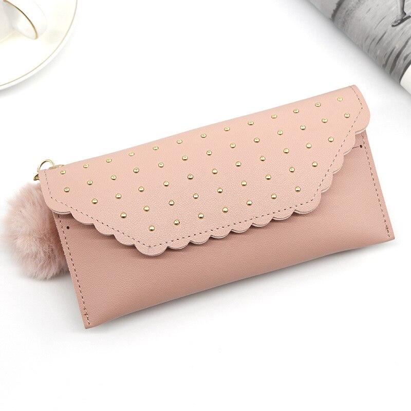 Wallet For Women Retro Rivet Hasp Long Ladies Wallet Card Purse PU Leather Wallet With Fur Ball Ornaments Phone Bag: Light Pink-A