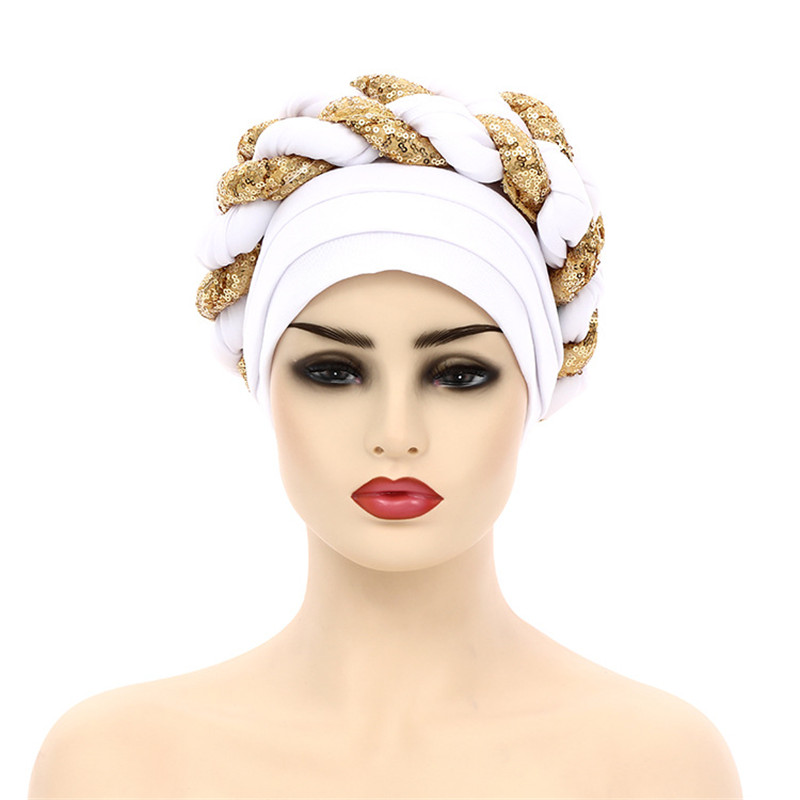 Gorro turbante trenzado de lentejuelas para mujer, tocado africano autogele