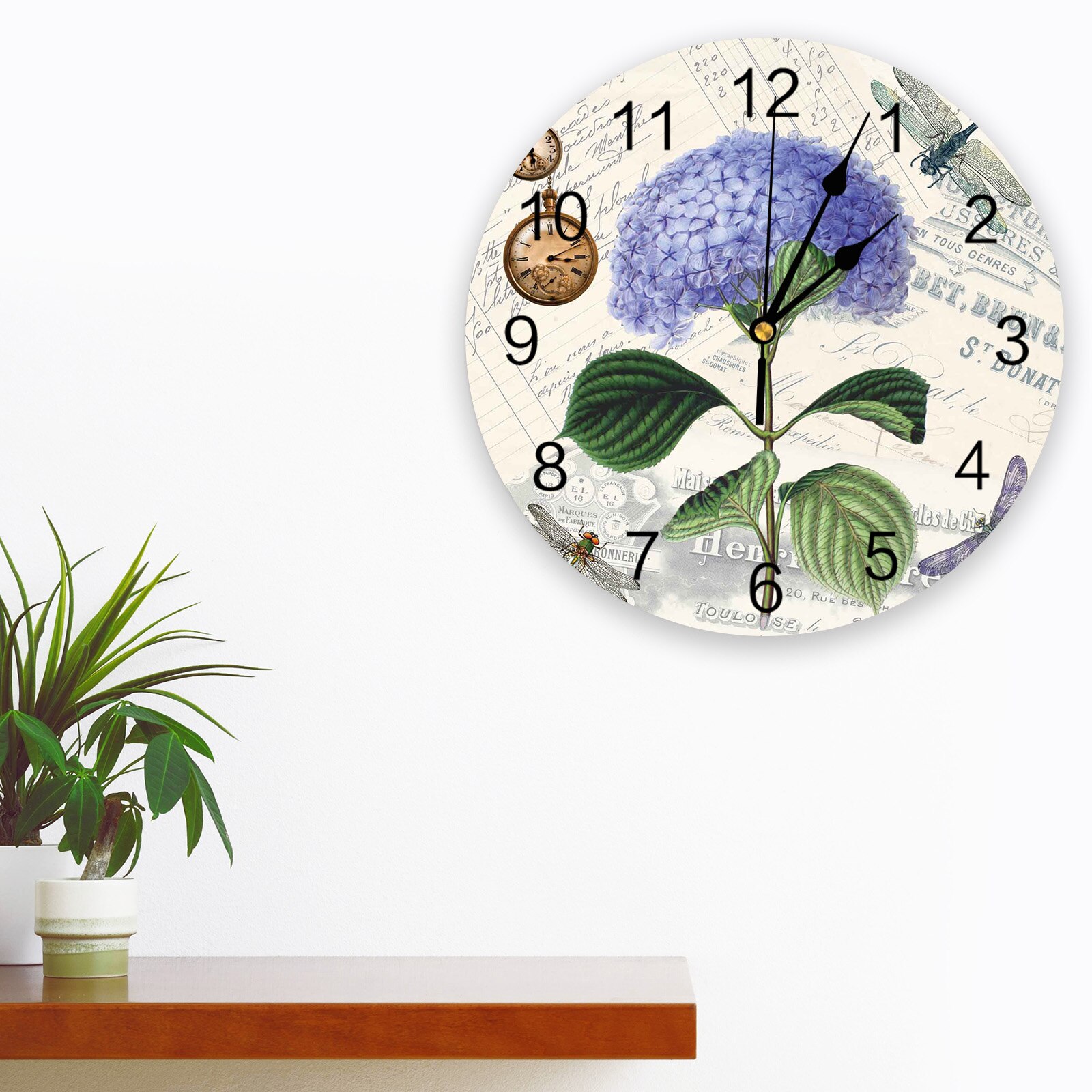 Purple Flower Dragonfly Wall Clock Home Decor Bedroom Silent Oclock Watch Wall Digital Clock