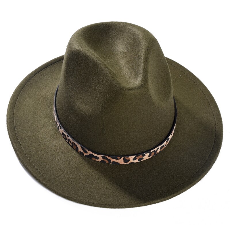 Imixlot Neue retro Frauen Männer Breite Krempe Jazz Kappe Ich bin Freien Einfache Kirche Derby oben Hütte mit Leopard Gürtel Hüte: C