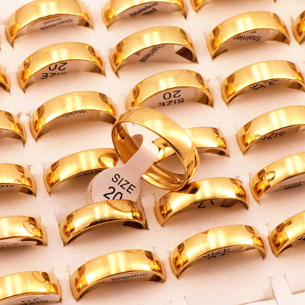 50 Pcs/lot 6mm Classic Golden Stainless Steel Rings Wedding Lover Ring For Men Women Spherical Surface Polished inside