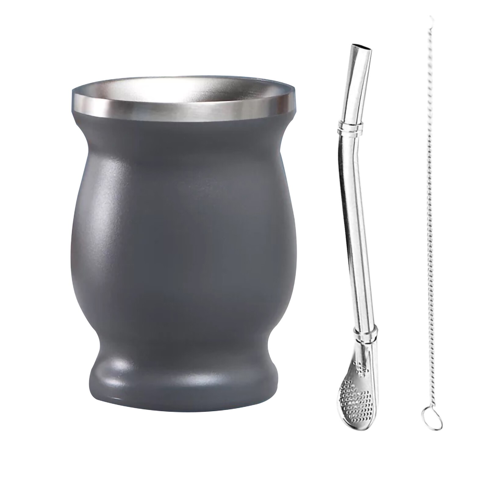 Unisex Yerba Mate Teacups 8oz Solid Color Stainless Steel Insulation Cup with Straw Brush for Household Office: gray