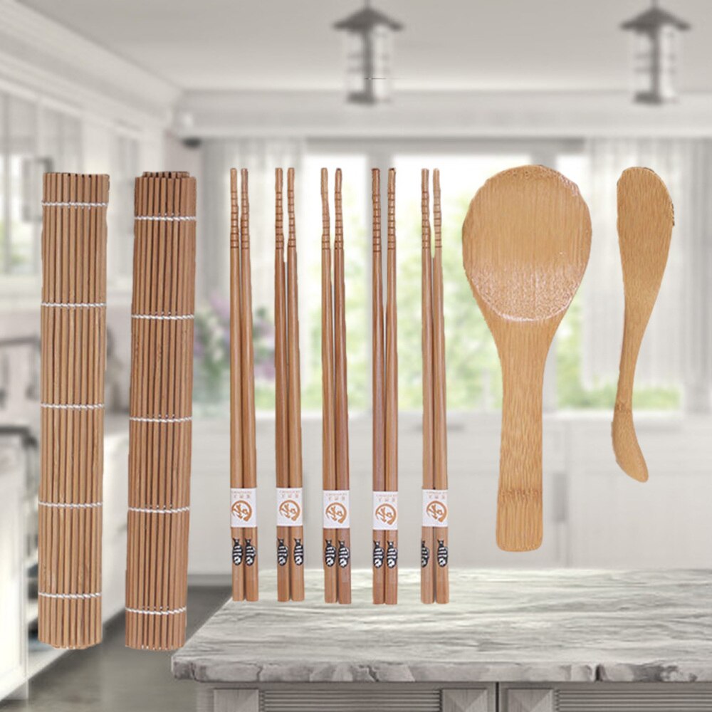 9pcs Bamboo Sushi Making Kit with 2 Rolling Mats 5 Pairs Chopsticks Rice Paddle Rice Spreader
