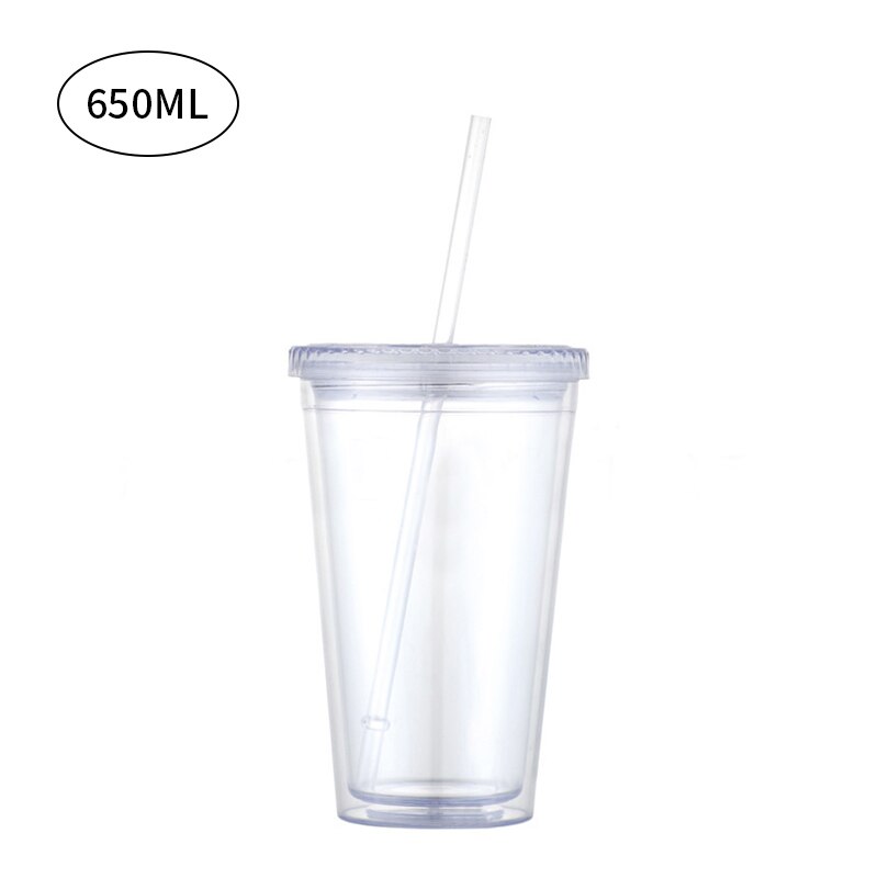 Resmugg med halm återanvändbar smoothie plast iskärl dubbelväggad iskall dryck kaffe juice te kopp: 650ml transparent