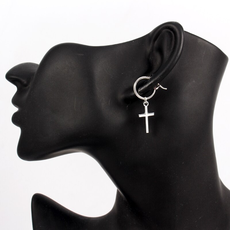 Punk Zilver Kleur Rvs Veer Kruis Oorbellen Voor Mannen Vrouwen Gothic Straat Lange Ketting Oorbellen Mannen Rock Sieraden