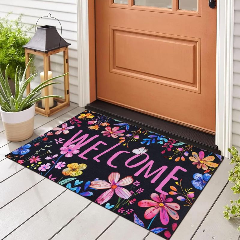 Alfombras florales de bienvenida para puerta, felpudos delanteros florales, alfombra antideslizante para entrada de la casa, sala de estar, cocina: Morado